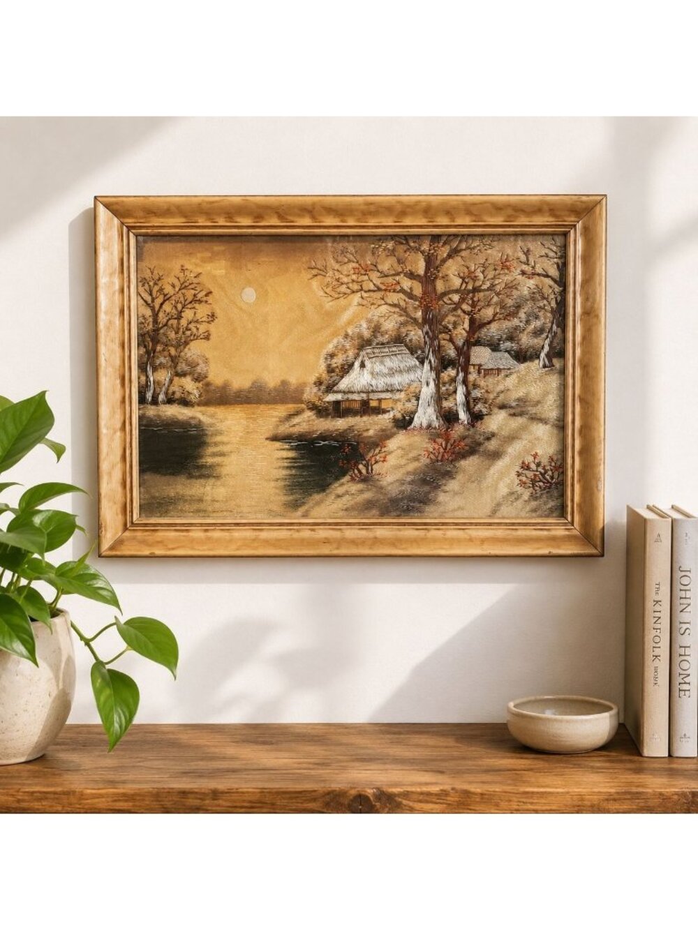 Hand-Stitched Silk Art In Wooden Frame Featuring Rustic Cabin & Lake Scene 14"x2